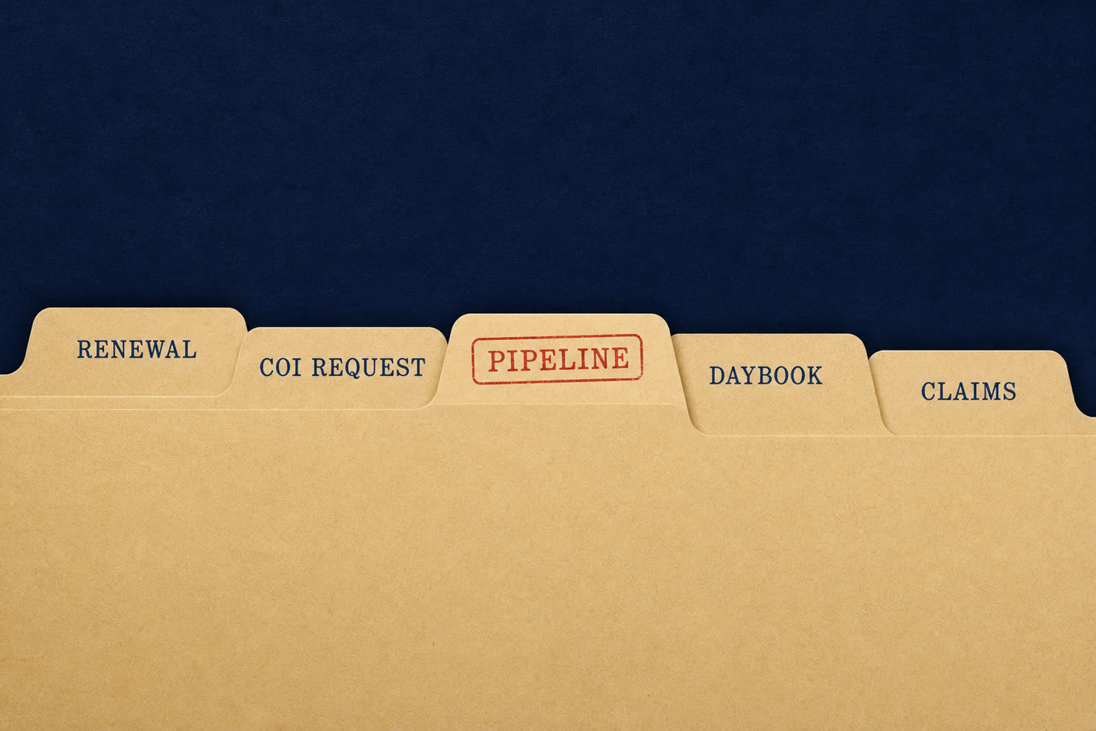 Five manila file tabs labeled Renewal, COI request, Pipeline, Daybook, and Claims.