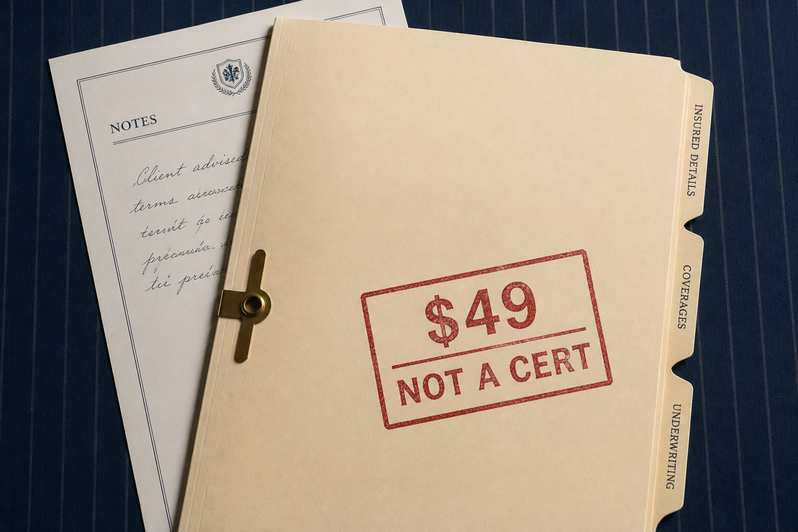 Manila dossier on an ink-navy desk, stamped $49 NOT A CERT.